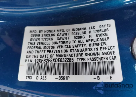 2013 Honda Civic Ex z USA, uszkodzony, nr VIN 19XFB2F8XDE032285